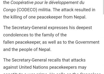 बिद्रोहिको आक्रमणबाट कङ्गोमा खटिएका नेपाली सैनिकको ज्यान गयो